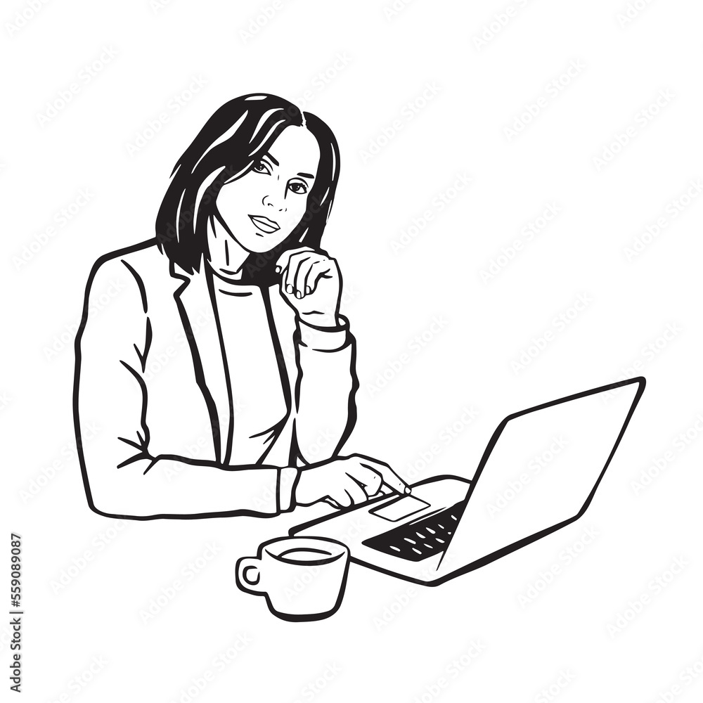 brunette girl with quads works in the office behind a laptop monochrome, vector illustration brunette girl with quads works in the office behind a laptop monochrome, vector illustration