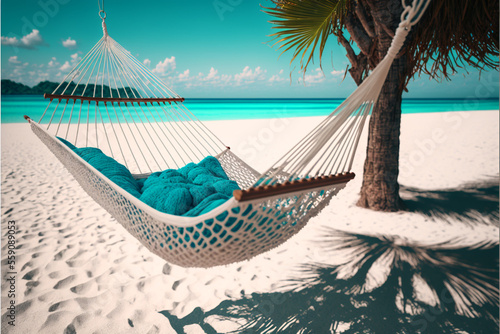 Lying relax on hammock with blue sea view and white sand beach. close up. Generated AI © bahadirbermekphoto
