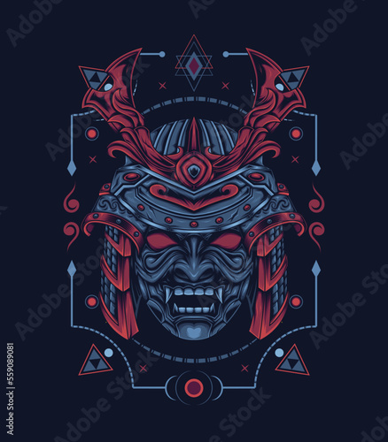 Samurai head on the sacred geometry background