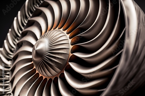 Airplane jet engine blades closeup, generative ai composite