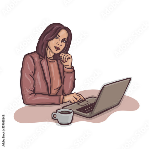 Remote work of a woman behind a laptop online color beige, vector illustrations