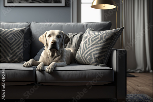 Modern living room interior. Cute Golden Labrador Retriever on couch, front view. Generated AI