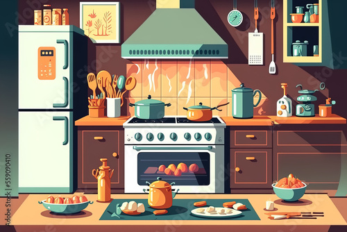 Modern kitchen decor, furnished with equipment. tables, ovens, range hoods, and kitchenware Eggs, milk, flour, and pumpkin are produced on a desk with a frying pan on the stove. An illustration of a c
