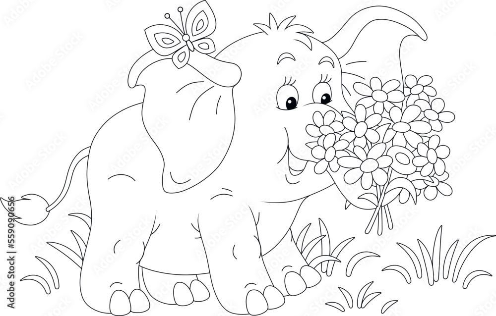 Fototapeta premium Merry butterfly and a friendly smiling cute little elephant with a bouquet of beautiful summer flowers, black and white outline vector cartoon illustration for a coloring book