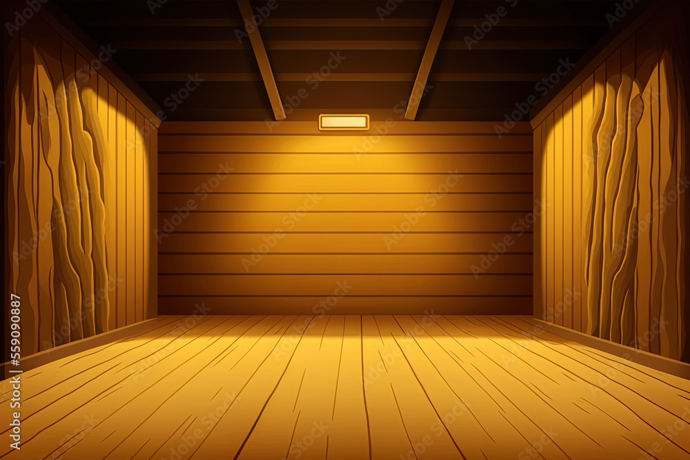 wooden walls, ceiling, and floor in an empty room. Game backdrop with a textured cartoon wood box. 2D illustration of an abstract interior of a barn, farm, or ranch with brown or yellow boards