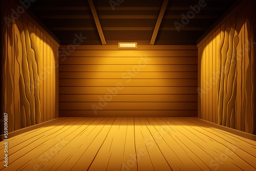wooden walls  ceiling  and floor in an empty room. Game backdrop with a textured cartoon wood box. 2D illustration of an abstract interior of a barn  farm  or ranch with brown or yellow boards