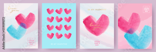 Creative concept of Happy Valentines Day cards or posters set. Abstract art templates with beautiful hand drawn watercolor red and blue hearts for celebration, decoration, branding, web banner, cover