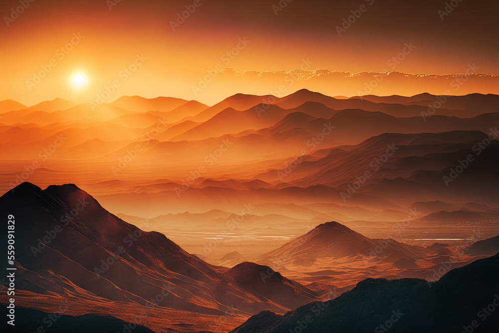 At sunset, hazy mountains in a mystery landscape are illuminated by gentle light. Generative AI