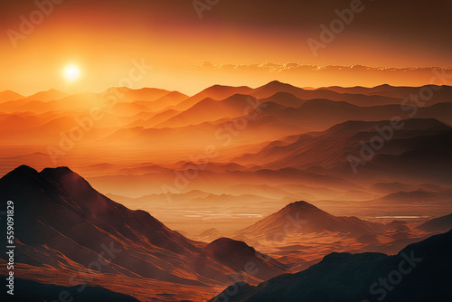 At sunset  hazy mountains in a mystery landscape are illuminated by gentle light. Generative AI