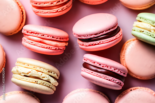 Obraz na płótnie Sweeten Your Valentine's Day with These Mouthwatering Chocolate and Pink Macarons Generative AI w salonie