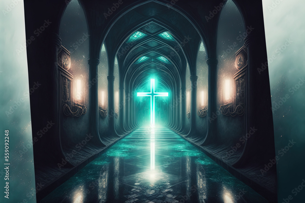 futuristic tunnel with glowing sci fi reflections wallpaper with an illustration of the holy cross in Christianity. Generative AI