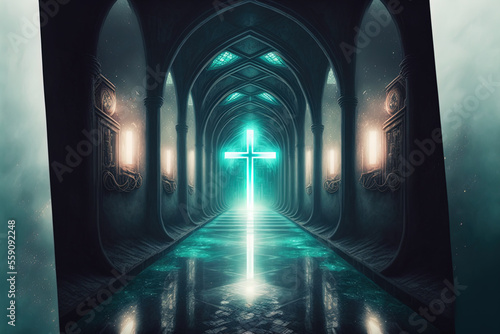 futuristic tunnel with glowing sci fi reflections wallpaper with an illustration of the holy cross in Christianity. Generative AI