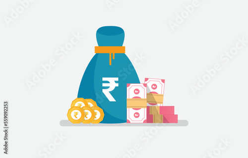 Money bag, coin and rupee stack.