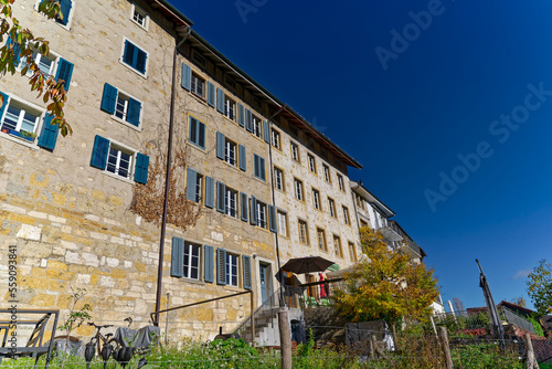 Stone facades of historic houses at the old town of Olten, Canton Solothurn, on a sunny autumn day. Photo taken November 10th, 2022, Olten, Switzerland.