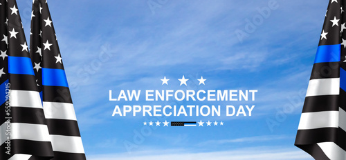 Thin Blue Line. American flag with police blue line on a background of sunset. Support of police and law enforcement. National Law Enforcement Appreciation Day. EPS10 vector
