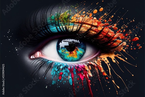 Woman s Eye With Colorful Makeup  macro shot. Ai generative