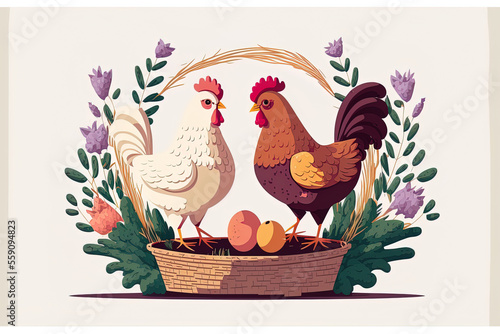 Two chickens standing close to a basket of organic eggs. Chickens on a farm that are free to roam. domestic chicken. eco friendly local cuisine on a white background, a hand drawn flat textured photo