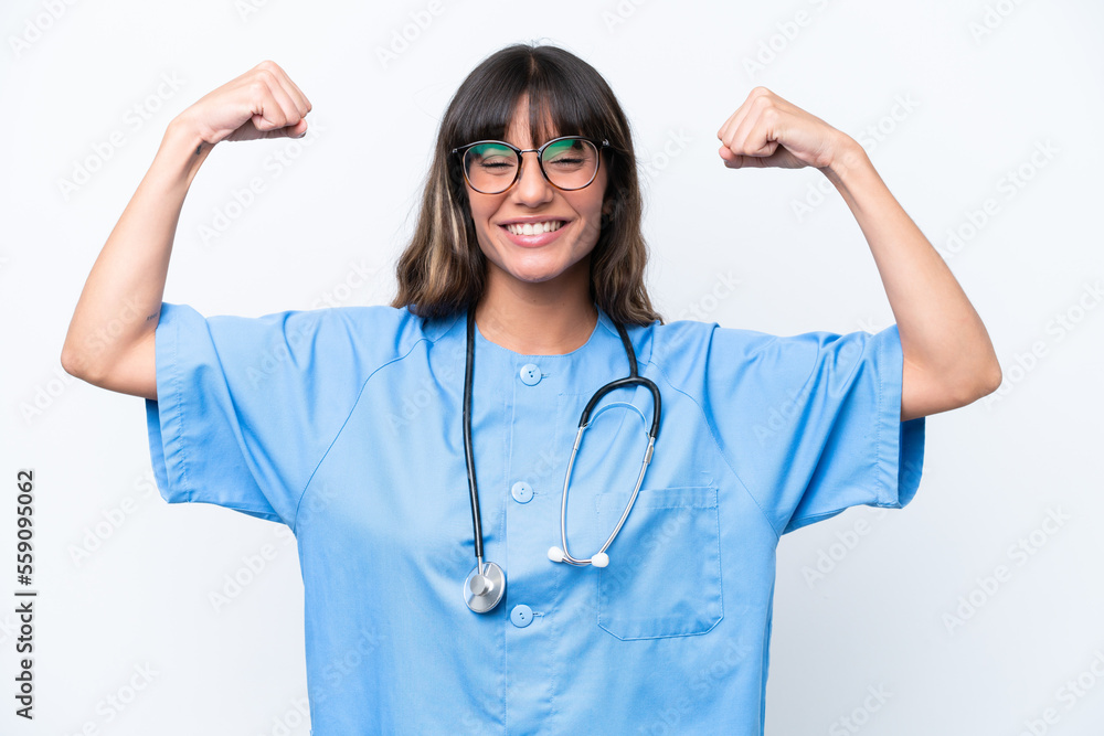 Young caucasian nurse woman isolated on white background doing strong gesture Young caucasian nurse woman isolated on white background doing strong gesture