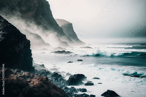 Vertical image of a foggy sky and a rocky cliff along the sea. Generative AI