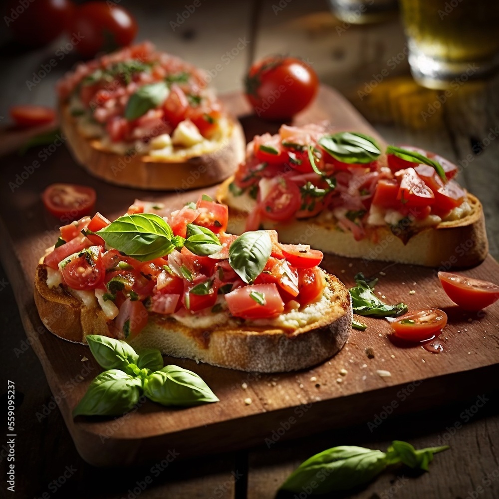Bruschetta belegt mit Tomaten, Basilikum und Zwiebeln, ai generativ
