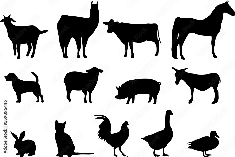 Farm animals silhouettes on isolated white background. Vector illustration.