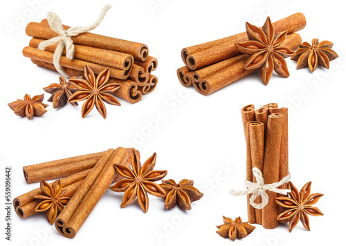 Collection of delicious cinnamon sticks and star anise, isolated on white background