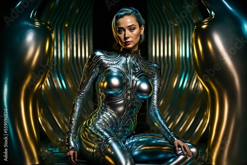 Canvastavla Hübsche Frau in Cyberpunk  Anzug sexy, ai generativ