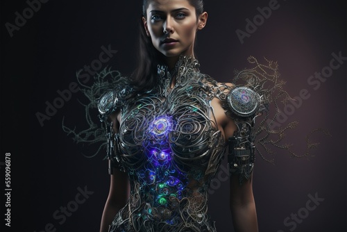 Hübsche Frau in Cyberpunk Anzug sexy, ai generativ