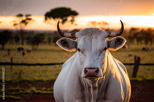 Photograph of a Nelore bull in a Brazilian pasture. Generative AI photo