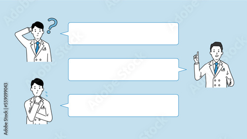 Q&Aのイメージイラストとレイアウト1、中高年と若い医師の2人、ベクター