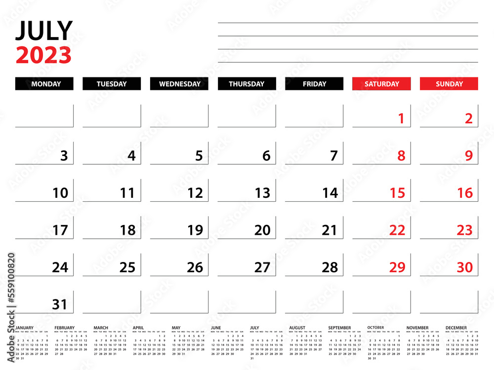 July 2023 year planner template, calendar 2023 template, monthly and