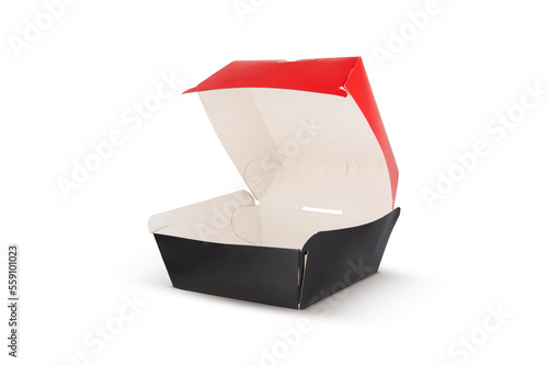 Blank open red and black craft burger box isolated on white background