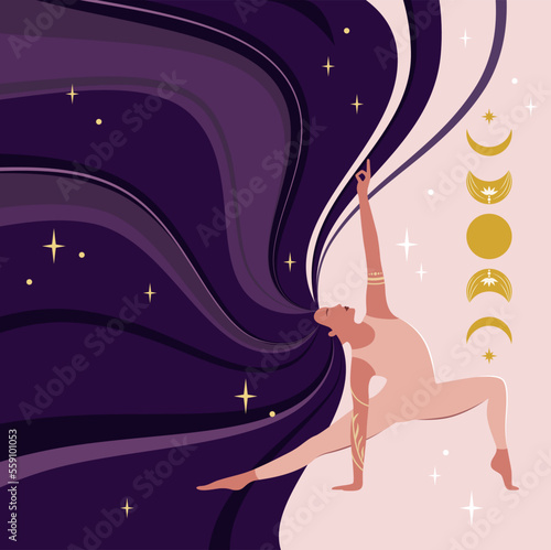 A beautiful woman with cosmic hair does yoga.