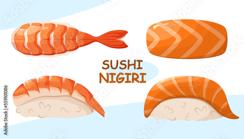 A set of sushi nigiri with salmon and shrimp. Japanese cuisine.
