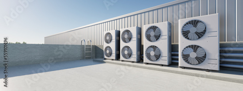 Leinwand Poster 3d rendering of condenser unit or compressor on rooftop of industrial plant, factory