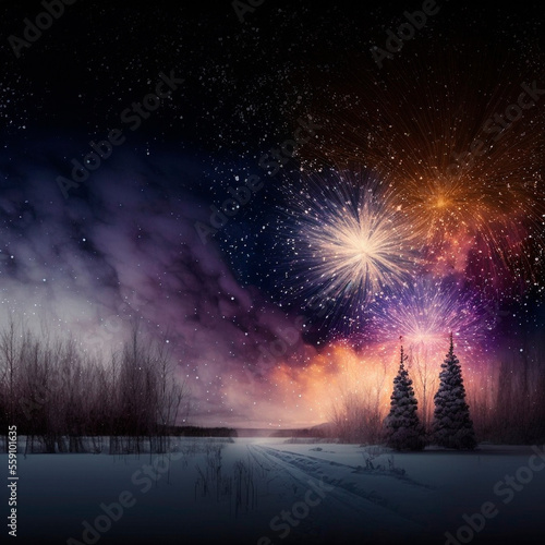 Bright night sky with fireworks. High quality illustration