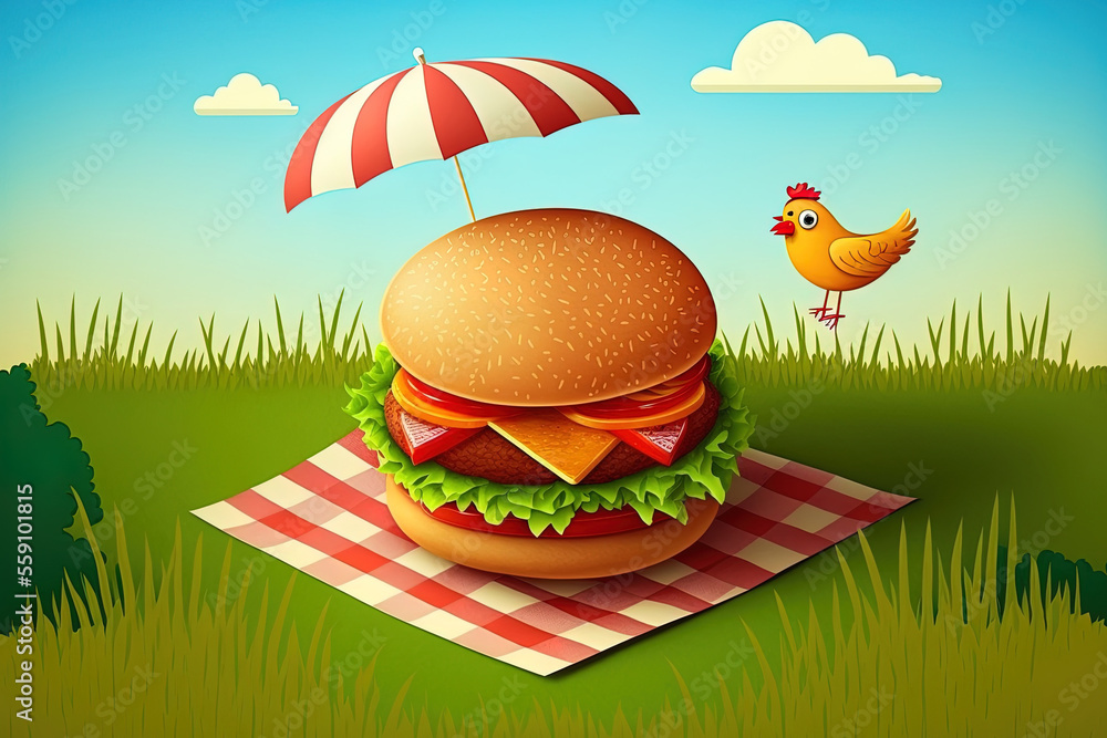 Fototapeta premium Illustration for a chicken burger advertisement, showing a burger on a picnic blanket in a field setting with tomatoes and chili. Generative AI