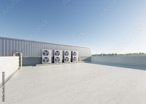 3d rendering of condenser unit or compressor on rooftop of industrial plant, factory. Unit of ac or air conditioner, hvac or heating ventilation and air conditioning system. Motor, pump and fan inside photo