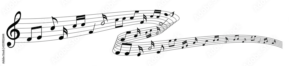 Musical note wave. Music notes melody on white background. Sheet music notes of tune bass and treble. Musical note wave. Music notes melody on white background. Sheet music notes of tune bass and treble.