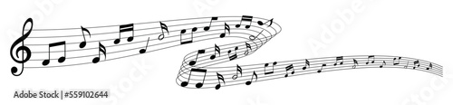 Musical note wave. Music notes melody on white background. Sheet music notes of tune bass and treble.