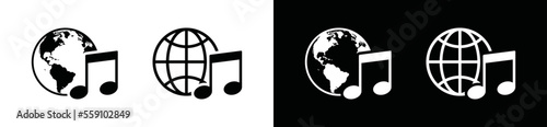 Music notes world icon. Earth Globe with musical notes signs. Global music symbol for apps and websites, vector illustration
