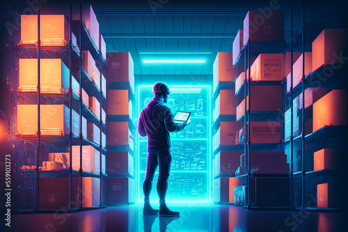 Futuristische Technologie im Warenhaus: Logistik Arbeiter macht Inventur, Illustration