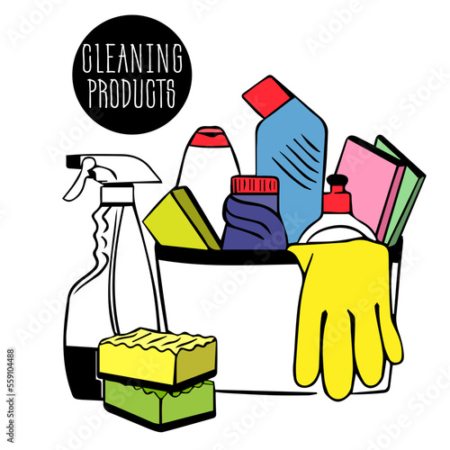 cleaning box with cleaning products, items - bottles, cleaning spray, sanitary chemicals, gloves, disinfectants, sponge, brush for cleaning the house, office. Home chemical detergent