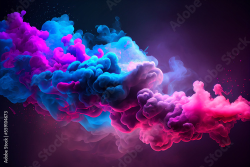 Neon blue and purple multicolored smoke puff cloud design elements on a dark background - generative ai