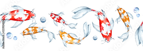Watercolor horizontal seamless background with rainbow carps. Hand drawn illustrations isolated on white background