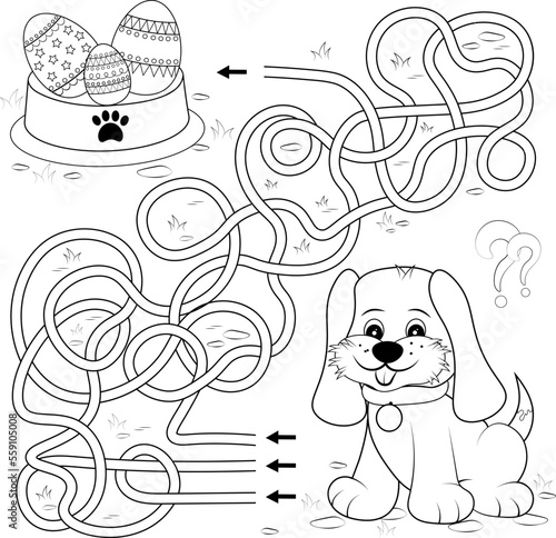 Puzzle game dog and bowl of easter eggs. Children's book coloring book