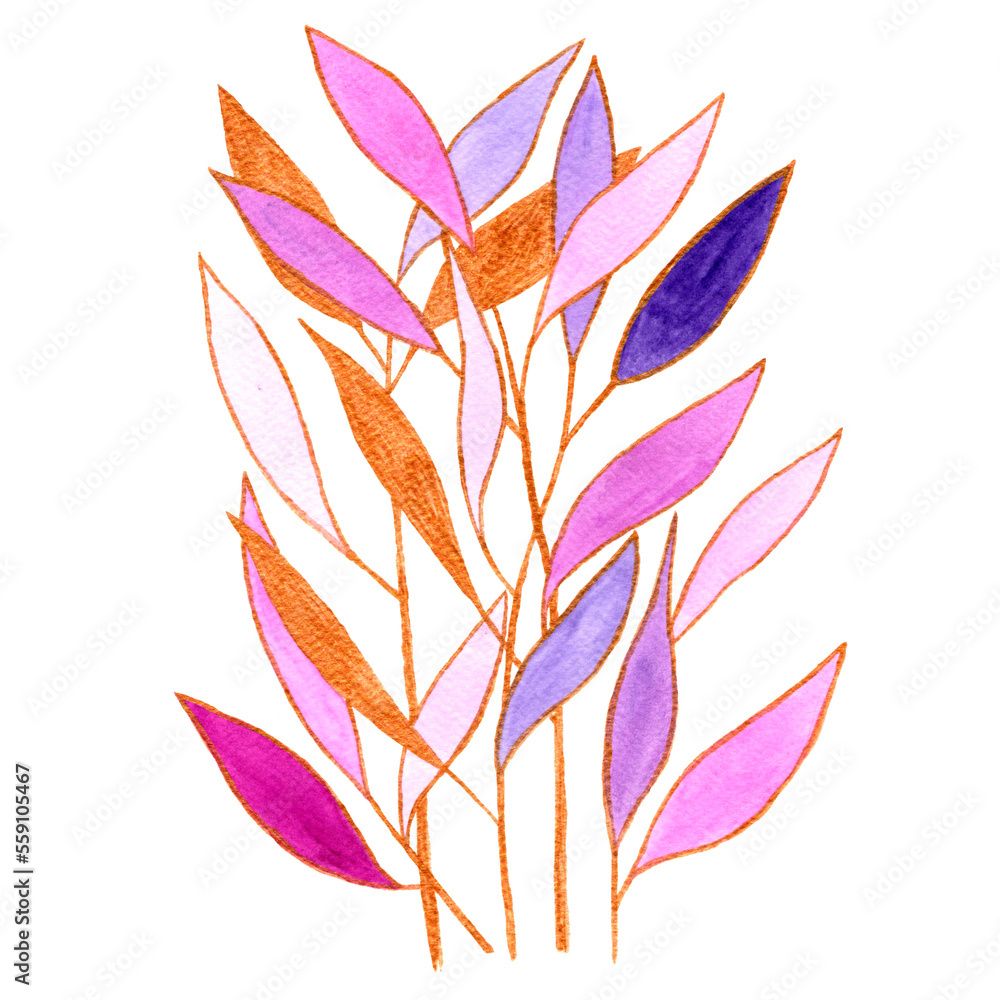 Watercolor bouquet of twigs with leaves in pink, purple and gold colors on a transparent background. Watercolor bouquet of twigs with leaves in pink, purple and gold colors on a transparent background.
