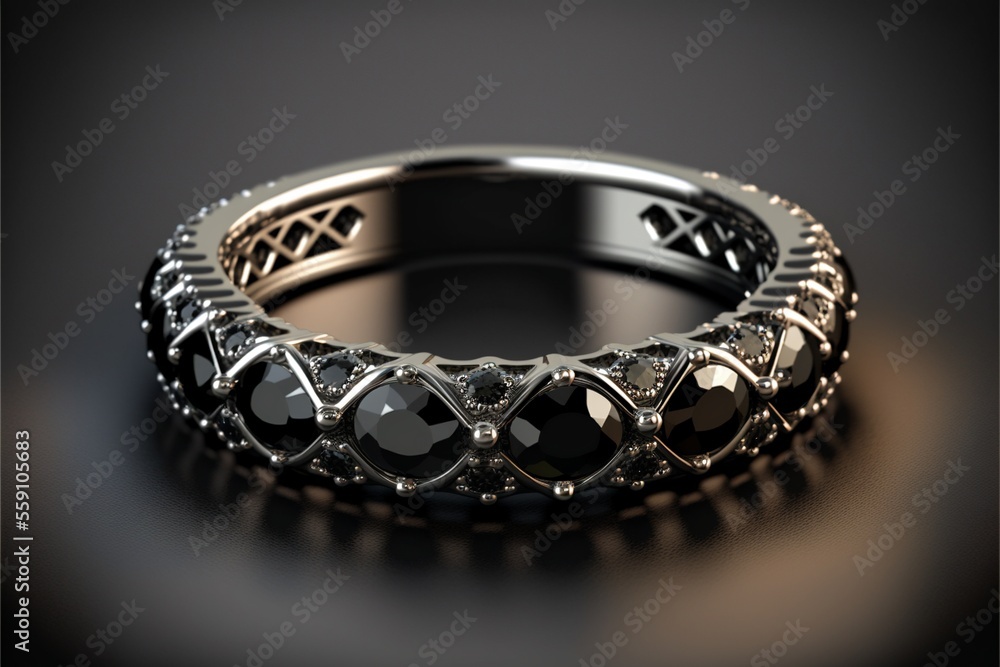 Platinum Round Cut Ring with Black Diamonds created with generative AI technology Platinum Round Cut Ring with Black Diamonds created with generative AI technology