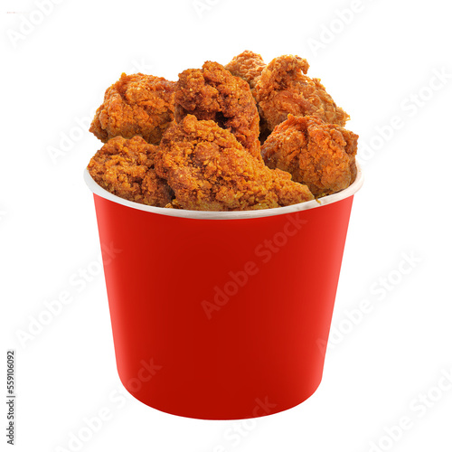 Fried Chicken hot wings crunchy pieces Bucket - large box isolated on white background	
