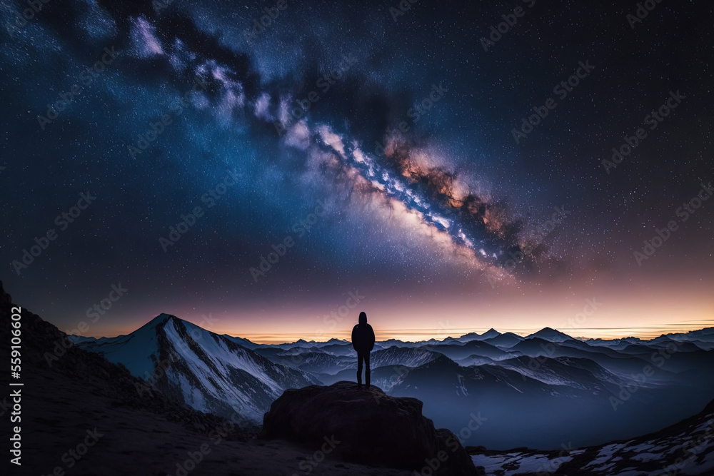 Before dawn, a shadow of a lady is seen on a mountaintop staring at the Milky Way and taking in the night sky's brilliant colors. Generative AI
